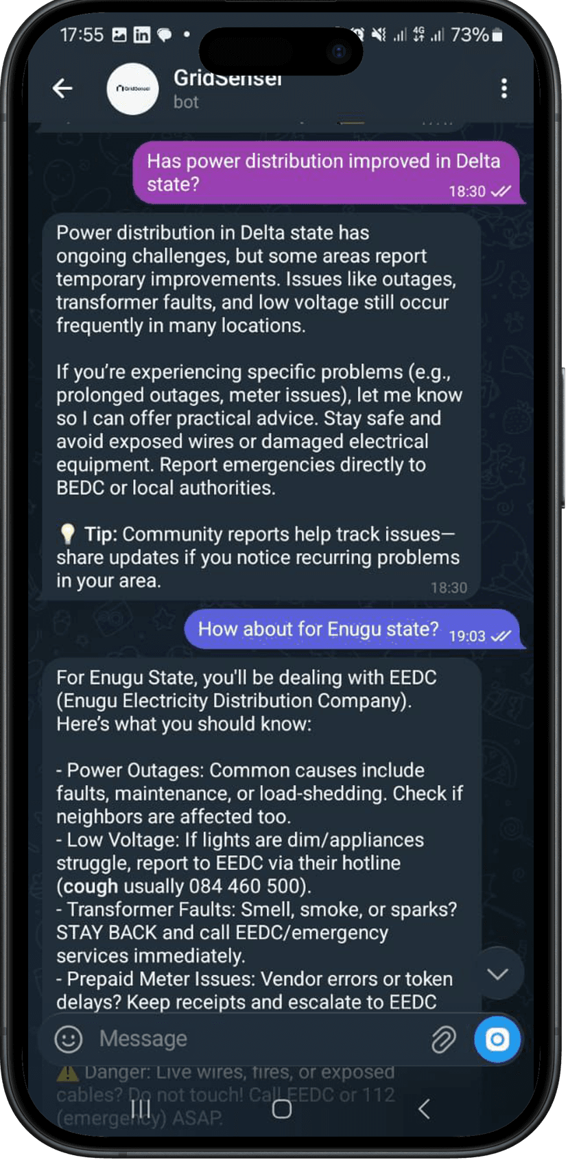 GridSenseni Telegram chat interface showing outage updates and power issue reporting